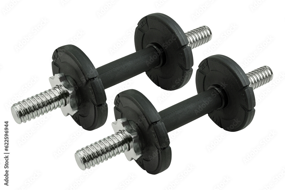 Fototapeta premium Two Black silver short dumbbells isolated on white background