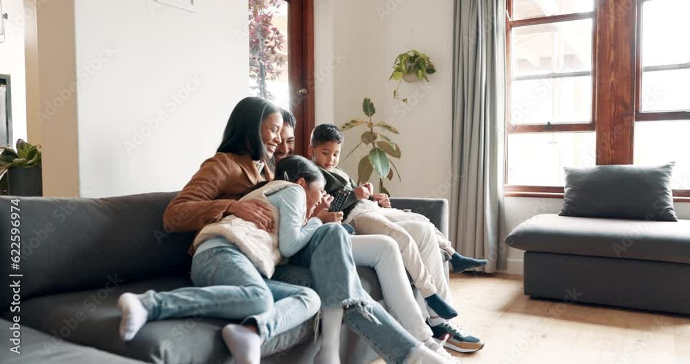 Relax, happy and watching tv with family on sofa for streaming, movie and comedy. Television, technology and subscription with parents and children in living room at home for news, love and lounge
