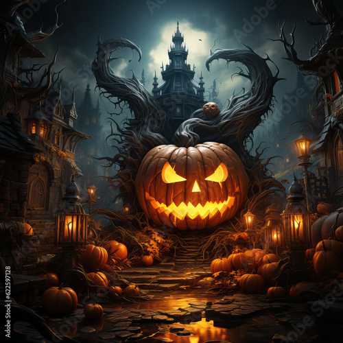 Halloween, sinister pumpkin lantern with glowing eyes.