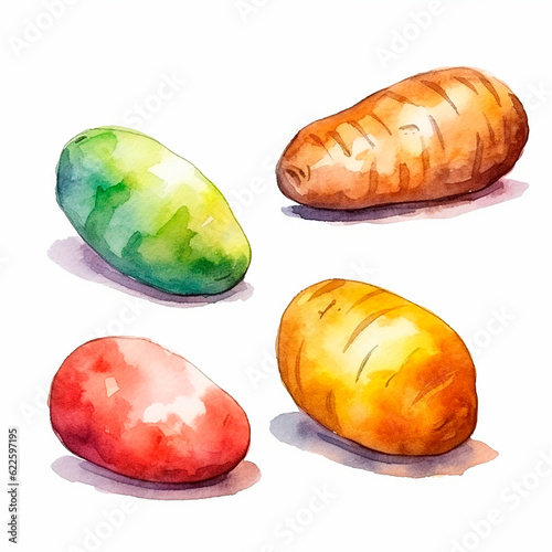 potato set watercolor on a white background created with Generative Ai