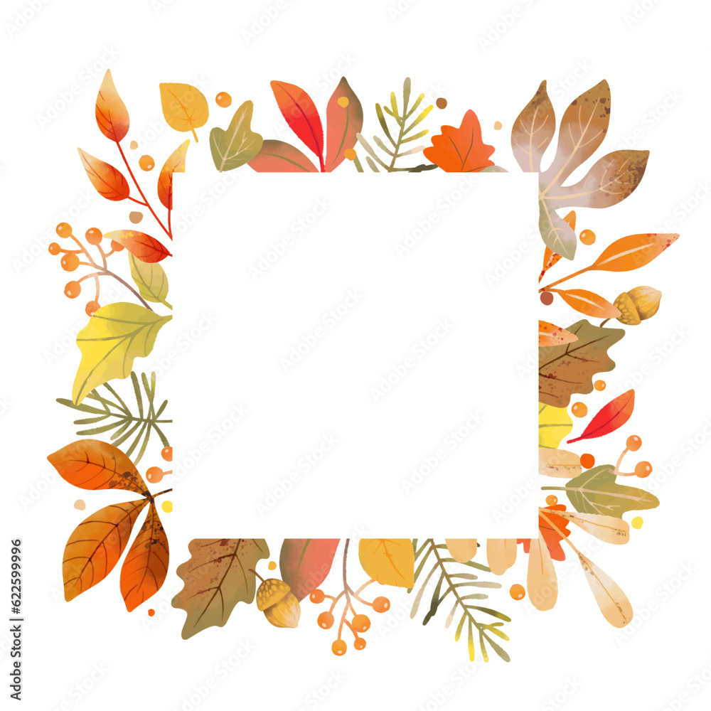 Autumn square  of watercolor leaves and branches isolated on white background. Fall season. Vector