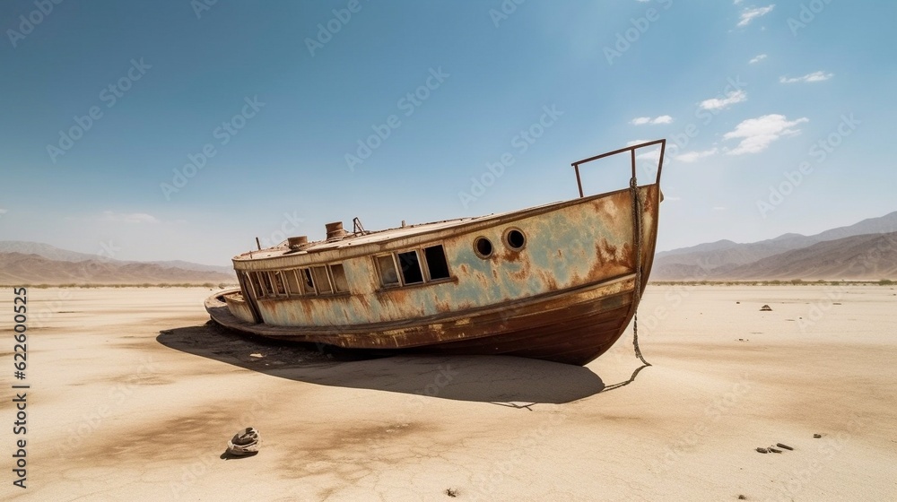 Abandoned boat in a dried lake, global warming concept. Generative artificial intelligence.