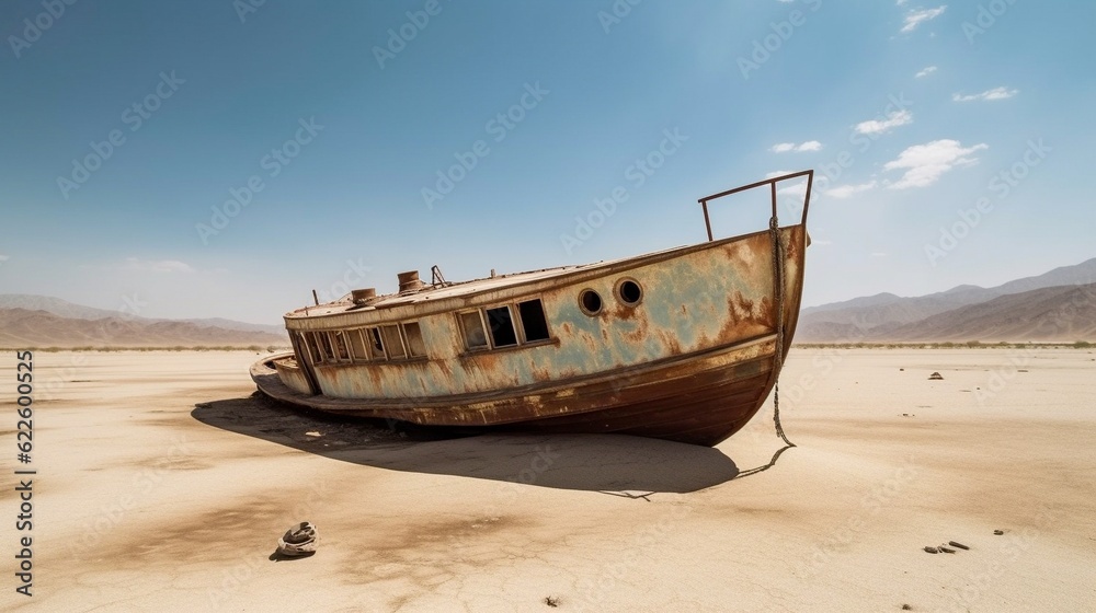 Abandoned boat in a dried lake, global warming concept. Generative artificial intelligence. Abandoned boat in a dried lake, global warming concept. Generative artificial intelligence.