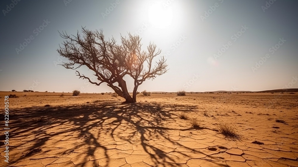 Dry tree in the desert against the background of the sunset, the concept of global warming. Generative artificial intelligence.