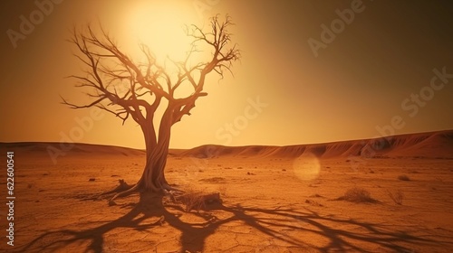 Dry tree in the desert against the background of the sunset, the concept of global warming. Generative artificial intelligence.