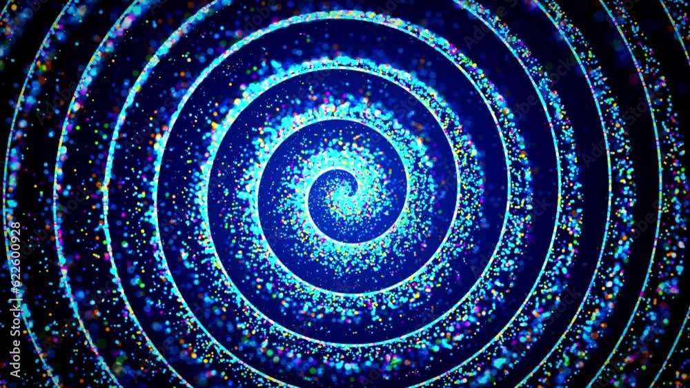 Abstract Motion Psychedelic Blue Colorful Shiny Blurry Focus Rotating Concentric Spiral Lines and Glitter Sparkle Background