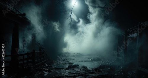 Foggy night in the old village. Horror scene. Halloween or Depression concept. a black background with fog rising, spray painted, mysterious backdrops, created with generative ai