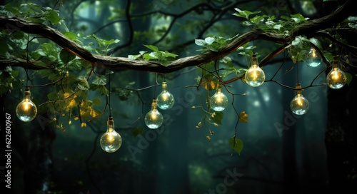Light bulbs on tree in dark forest. New ideas and creativity. Christmas background. Blurred lights on bokeh green background. Copy space for seasonal greetings. Lawn and Garden Month or Gareden week photo