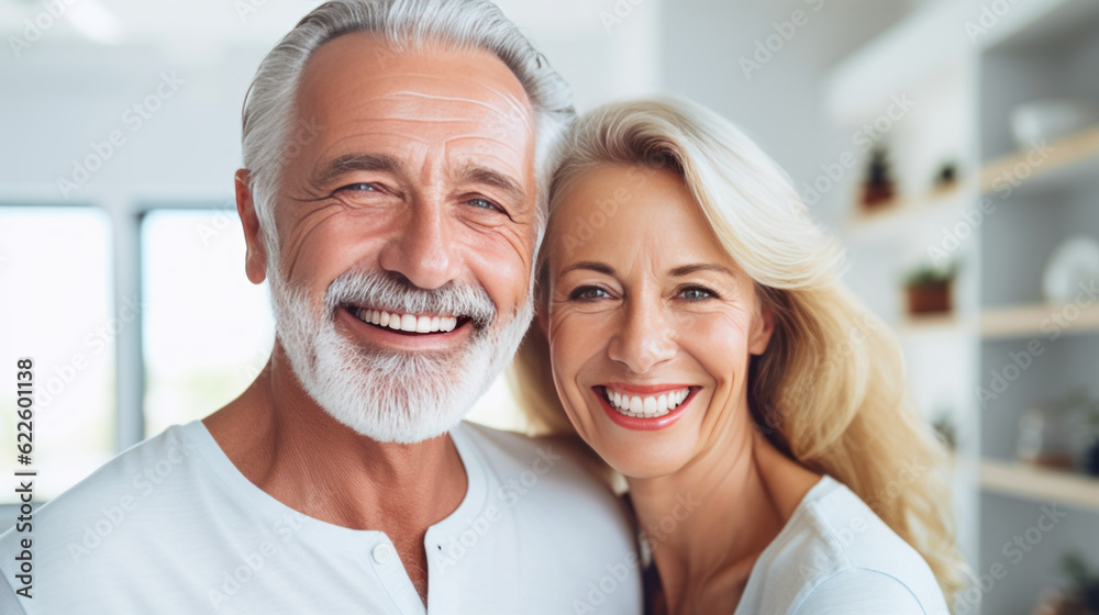 Fototapeta premium Happy senior couple in love hugging and bonding with true emotions at home. Generative AI.