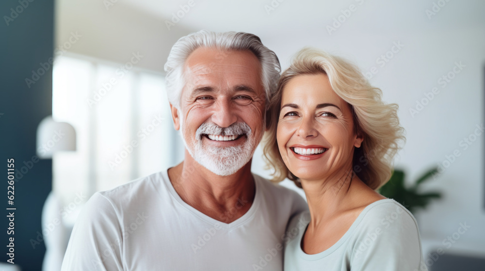 Happy senior couple in love hugging and bonding with true emotions at home. Generative AI. Happy senior couple in love hugging and bonding with true emotions at home. Generative AI.