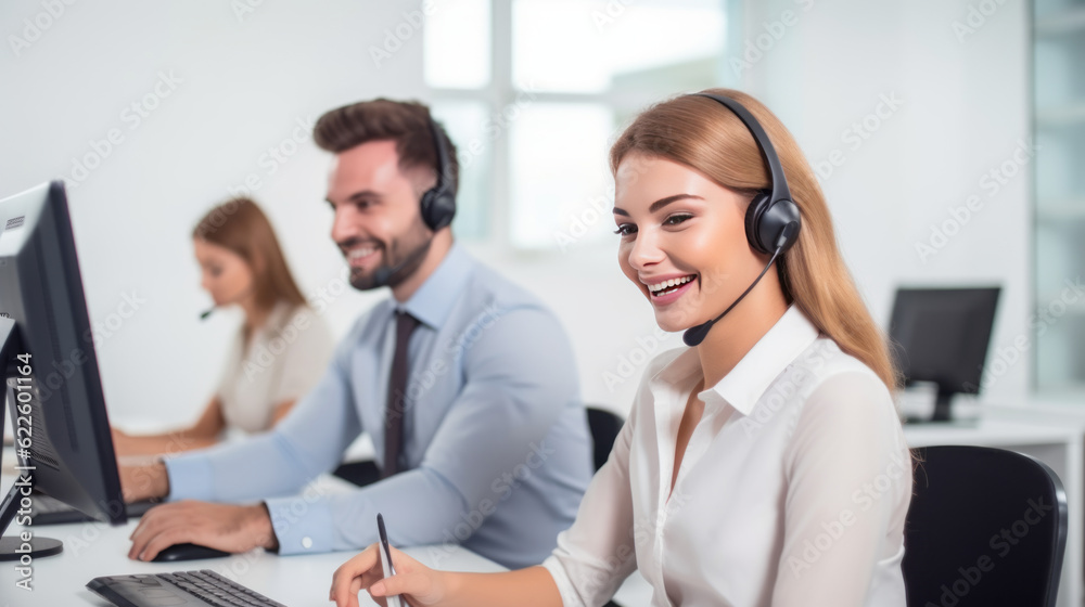 Smiling woman and man customer support operator with hands-free headset working in the office. Generative AI. Smiling woman and man customer support operator with hands-free headset working in the office. Generative AI.