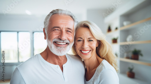 Happy senior couple in love hugging and bonding with true emotions at home. Generative AI.