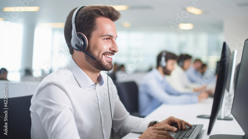 Smiling customer support operator with hands-free headset working in the office. Generative AI.