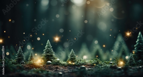Christmas and New Year background with snowy fir trees and bokeh lights. Christmas background. Copy space for seasonal greetings. Created with generative ai © annne
