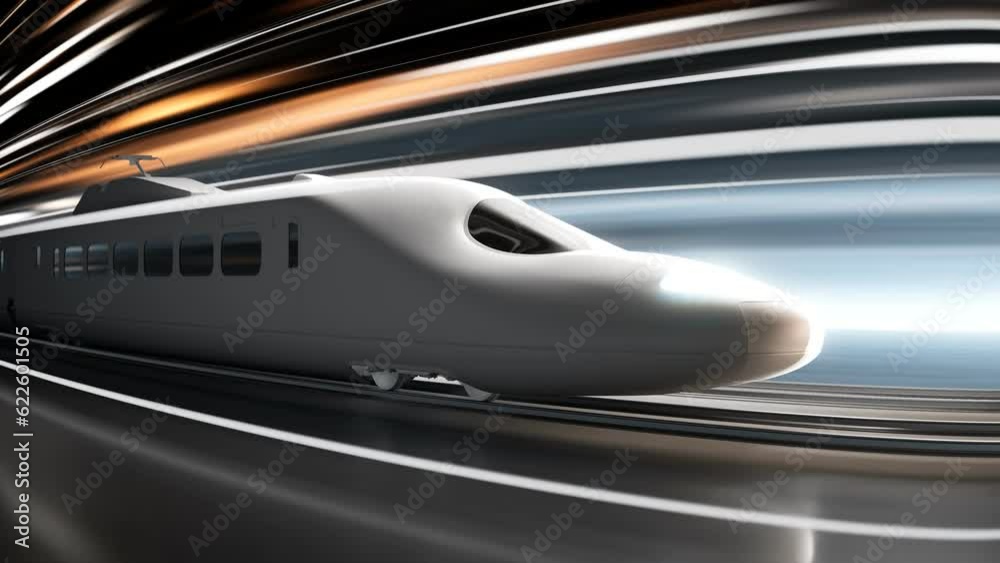 High-speed train speeds through a blue and orange neon-lit futuristic tunnel.
