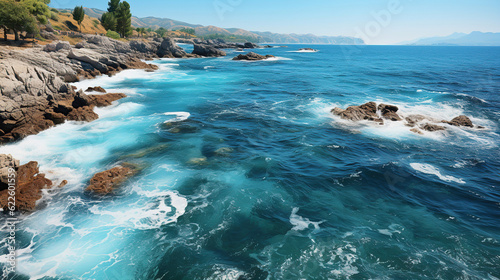 Aerial views over crashing sea waves on rocking ocean crop. © maniacvector