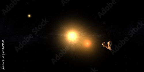 Toutatis asteroid orbiting in a unknown galaxy. 3d render photo