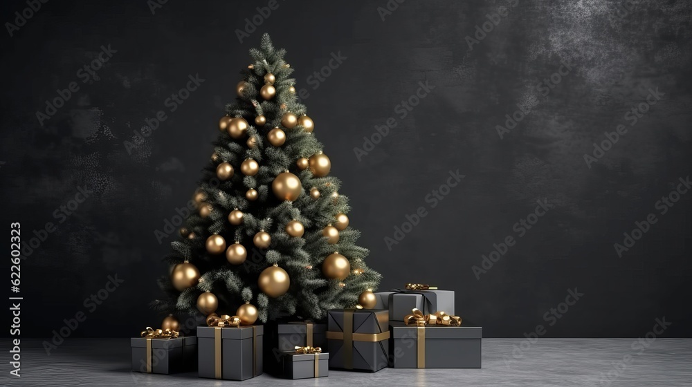 Fototapeta premium Christmas tree with gifts under it on a dark background