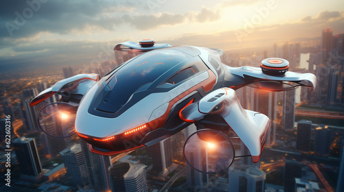 futuristic private passenger drone flying above high building in city. modern  hi tech transportation. generative AI © piggu