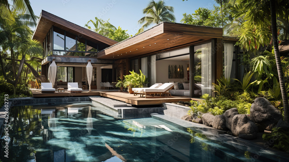 home or house building Exterior and interior design showing tropical pool villa with green garden and bedroom