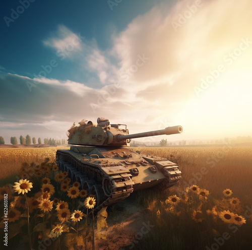 Tank in sunflowers field. War in Ukraine. AI generative content