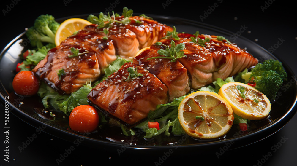Grilled Salmon with Soy Sauce Rice Bowl - Japanese food style