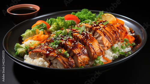 Grilled Salmon with Soy Sauce Rice Bowl - Japanese food style