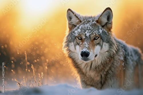Beautiful Wild Grey Wolf in a snowy forest with defocused background at sunset. Amazing Wildlife. Generative Ai