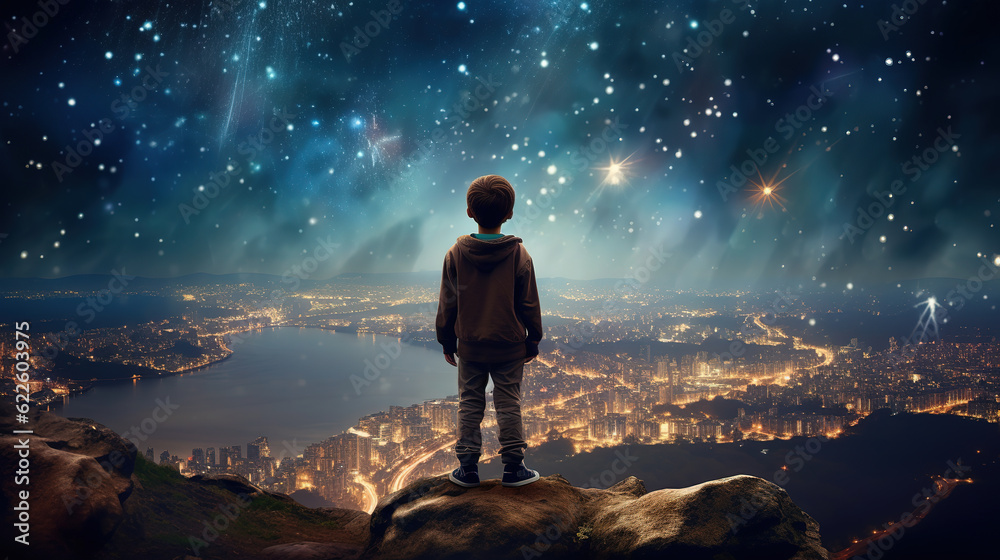 Fototapeta premium girl at cliff with starry sky over city lights boom as background,
