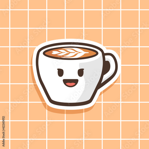 Kawaii Coffee latte cup sticker template. Cup of coffee latte art clipart. Hand-drawn concept. Usable for merchandise prints, event banners, or advertisements.
