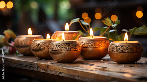 Candles on a table, cozy spa or room decoration.