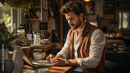 Young business man working at home with laptop on desk