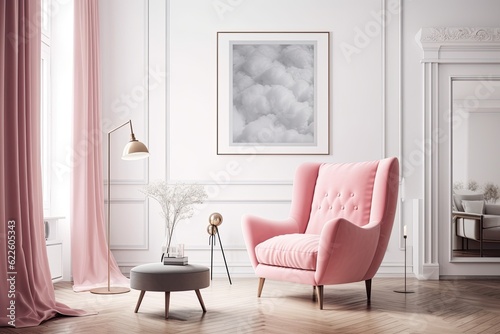 A pink armchair in a white living room is positioned above a framed vertical poster. mock up toned double exposed image. Generative AI