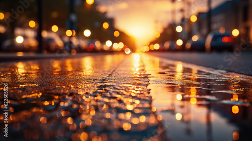 Blurry of road in the middle of asphalt road at sunset.