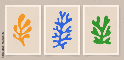Abstract coral posters. Contemporary organic shapes minimalist in Matisse style, graphic vector illustration