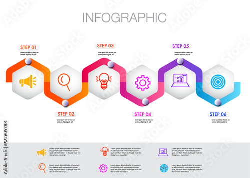 Infographic 6 step road map for business chart to present data, progress, direction, clean design