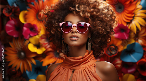 Young fashion woman wearing amazing huge sunglasses. Colorful tropical background.