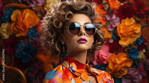 Young fashion woman wearing amazing huge sunglasses. Colorful tropical background.