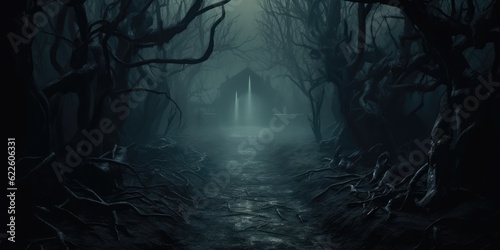 Path through a dark forest autumn fog at night, generative ai