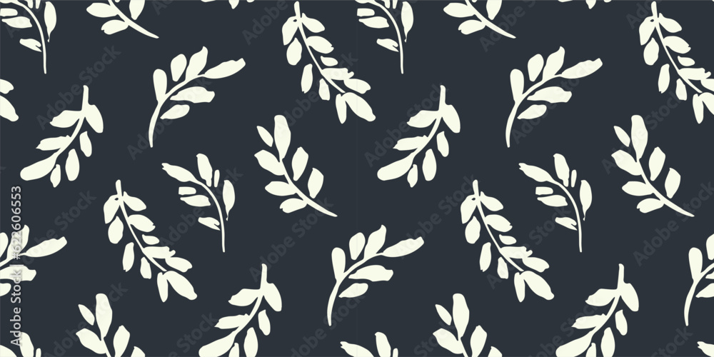 Seamless botanical pattern, modern print design with sketch leaves. Abstract background, ornament with hand drawn plants: white foliage silhouettes on a dark black surface. Vector illustration. Seamless botanical pattern, modern print design with sketch leaves. Abstract background, ornament with hand drawn plants: white foliage silhouettes on a dark black surface. Vector illustration.