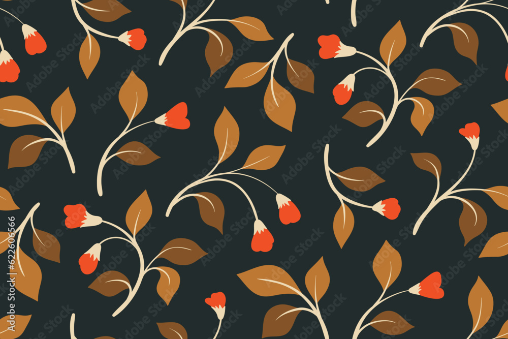 Seamless floral pattern, cute ditsy print with autumn botany. Beautiful botanical design with vintage motif: small hand drawn branches, tiny flowers, leaves on a brown background. Vector illustration. Seamless floral pattern, cute ditsy print with autumn botany. Beautiful botanical design with vintage motif: small hand drawn branches, tiny flowers, leaves on a brown background. Vector illustration.