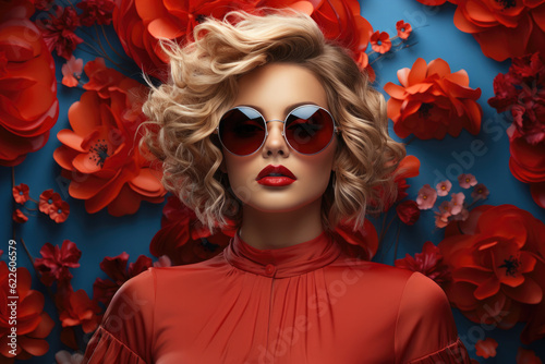 Fashion woman with red lips wearing trendy sunglasses. Tropical travel background.