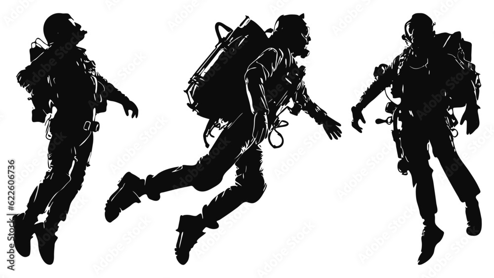 man flying using jet pack silhouette, futuristic technology man flying using jet pack silhouette, futuristic technology