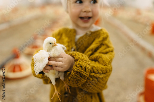 Tela closeup of a child holding a chick at a poultry farm.