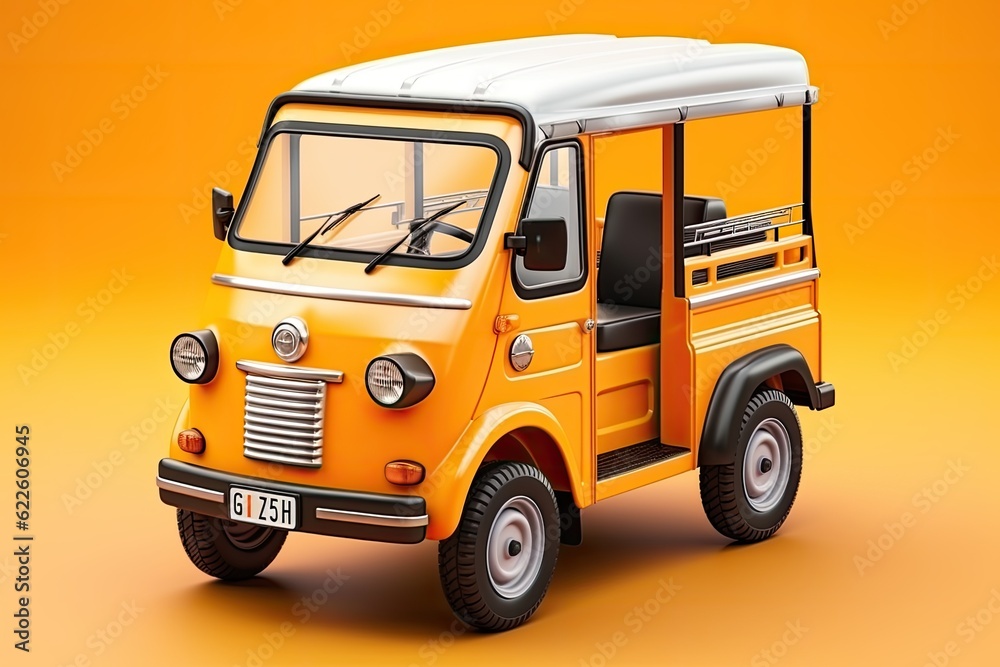 3d illustration tuk tuk, vintage jeep, thailand transportation orange background