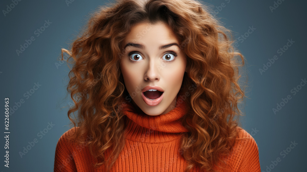 Photo of nervous scared woman grabs face and looks with worried expression at camera, sees phobia, afraids of speaking, wears orange jumper, isolated on blue background. Human reaction concept Photo of nervous scared woman grabs face and looks with worried expression at camera, sees phobia, afraids of speaking, wears orange jumper, isolated on blue background. Human reaction concept