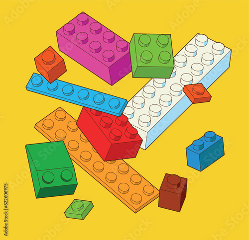 Simple pattern of building block, bricks for children. Vector isometric illustration. Colored bricks isolated on white background.