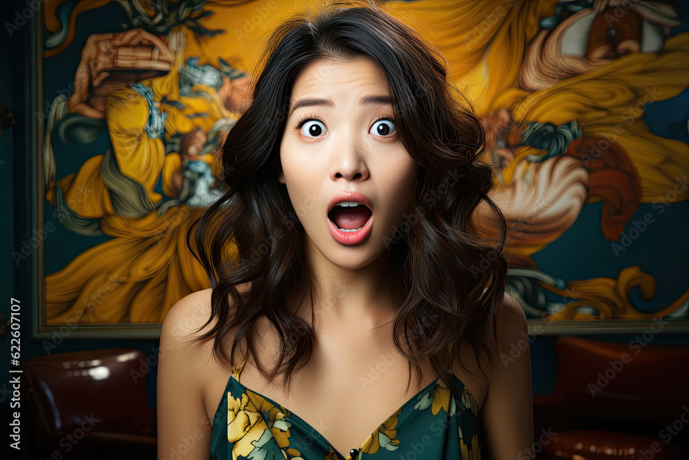 Woman with shocking mood; portrait of shocked, stunned, fear, scared