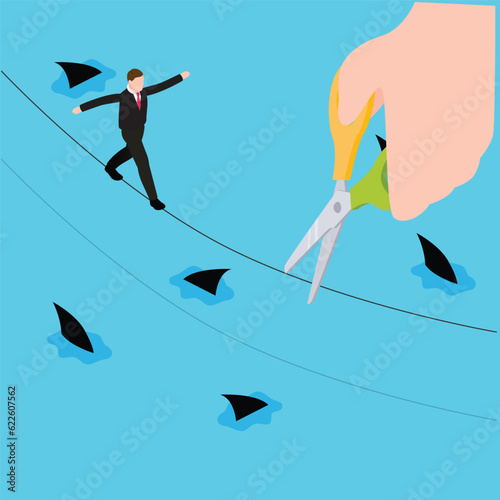 Hand cutting rope in business risk or betrayal concept isometric 3d vector illustration concept for banner, website, illustration, landing page, flyer, etc