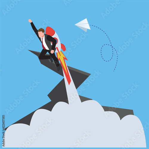 Successful businessman fly with jetpack over the abyss overcome obstacles isometric 3d vector illustration concept for banner, website, illustration, landing page, flyer, etc